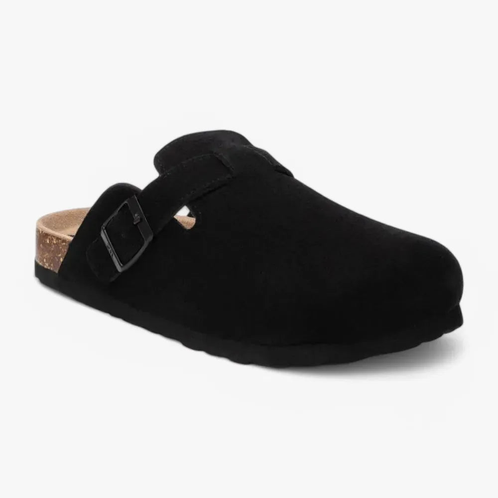 Xti Black Suede Clog Slip-Ons with Cork Footbed - Leavys Shoes