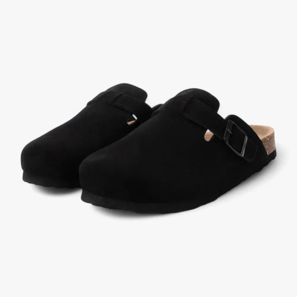 Xti Black Suede Clog Slip-Ons with Cork Footbed - Leavys Shoes