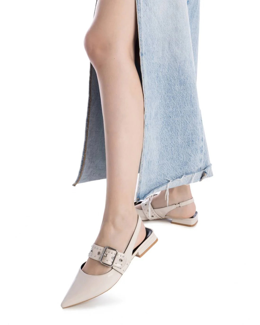 Xti Beige Patent Ballerina with Studded Buckle Strap