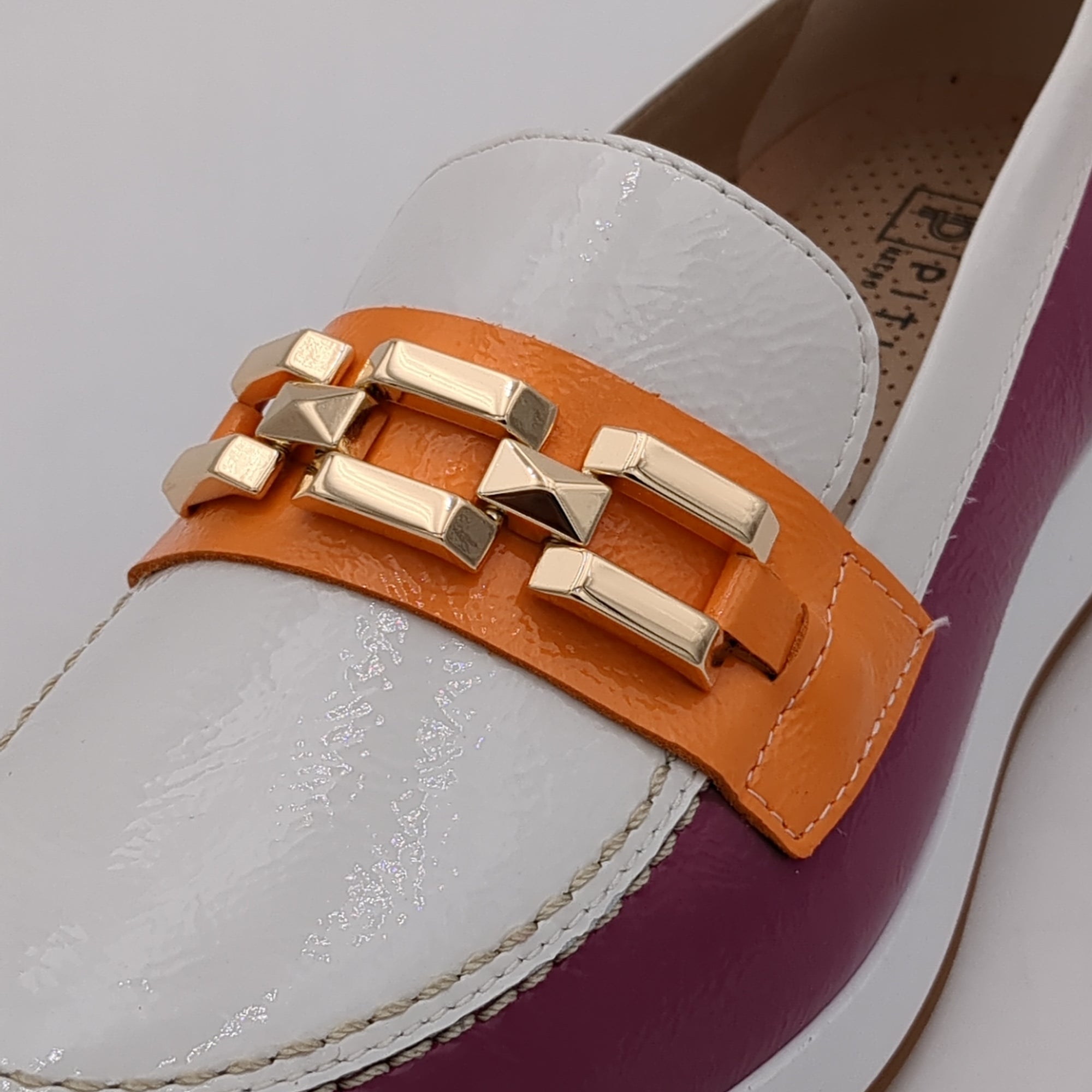 Pitillos White and Pink Loafer with Modern Sole and Gold Chain