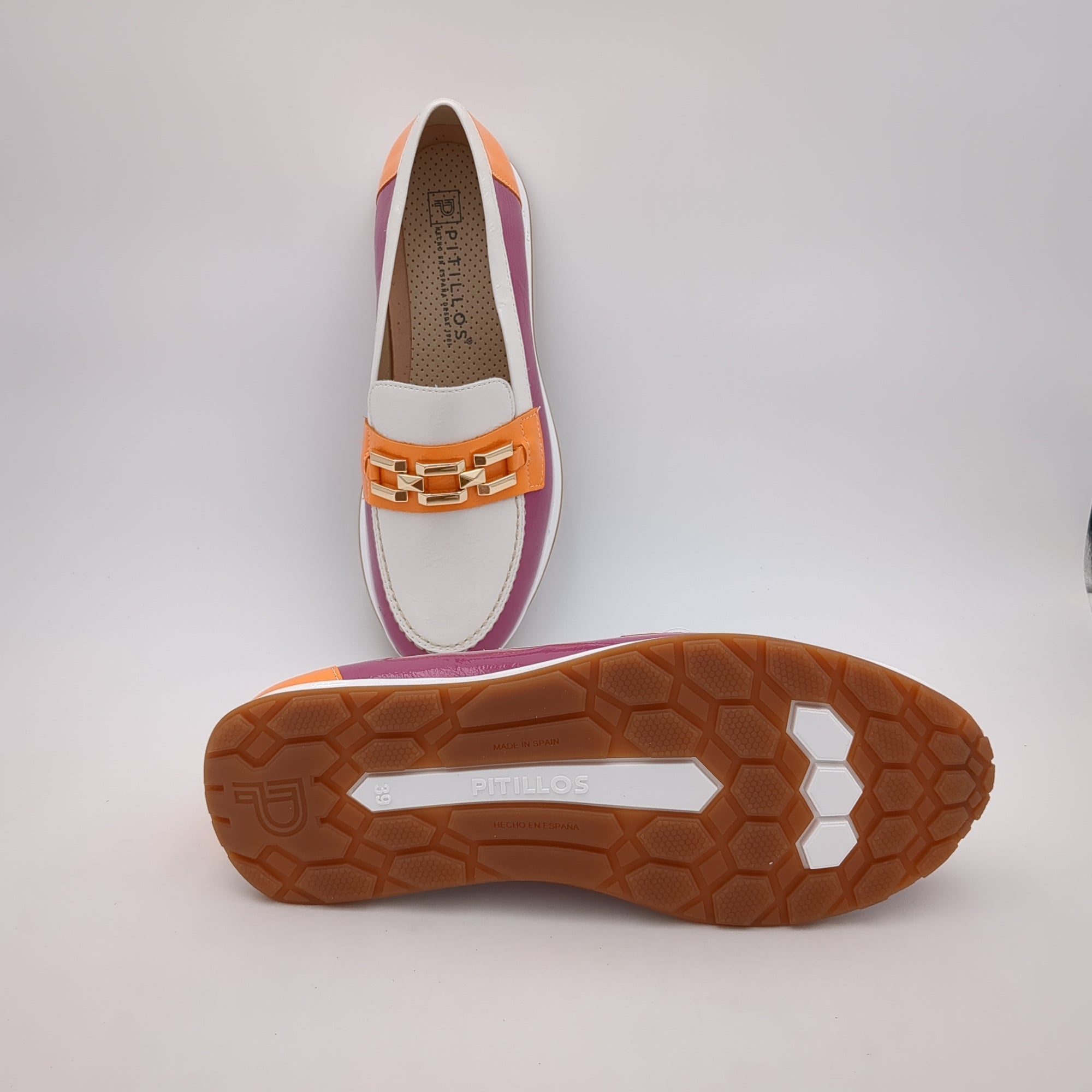 Pitillos White and Pink Loafer with Modern Sole and Gold Chain