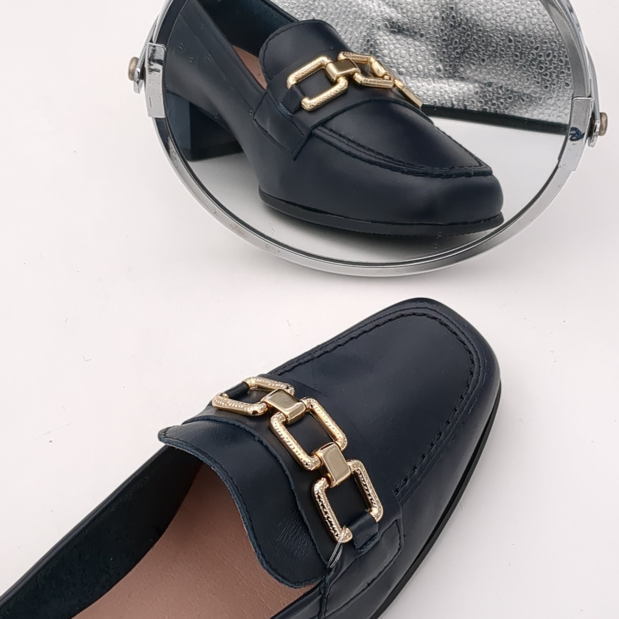 Pitillos Black Slip-on Loafers with Sleek Block Heel and Gold Chain
