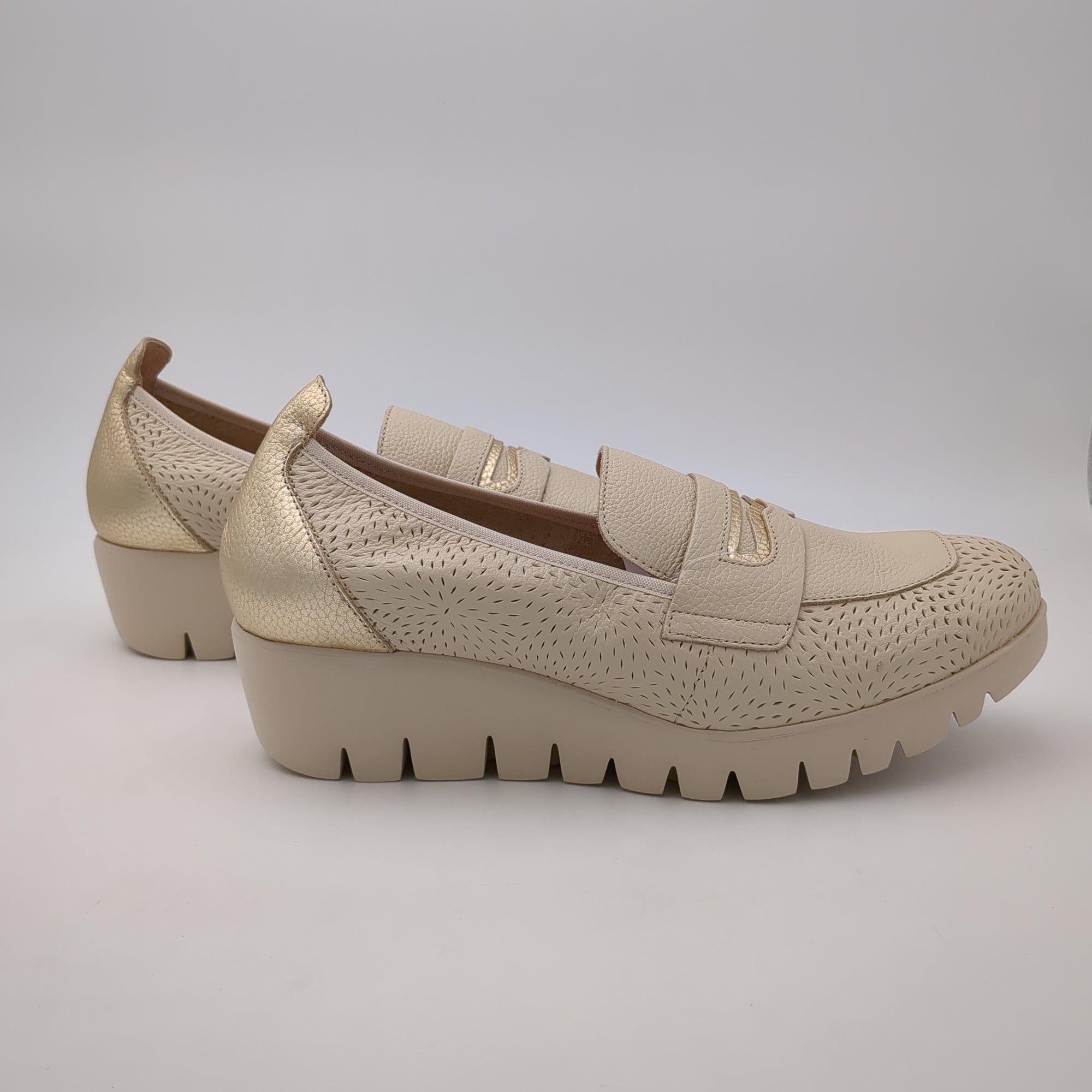 Wonders Beige Leather Wedge Shoes with Laser Cut Detail - Soft Gold Accent Comfort Footwear