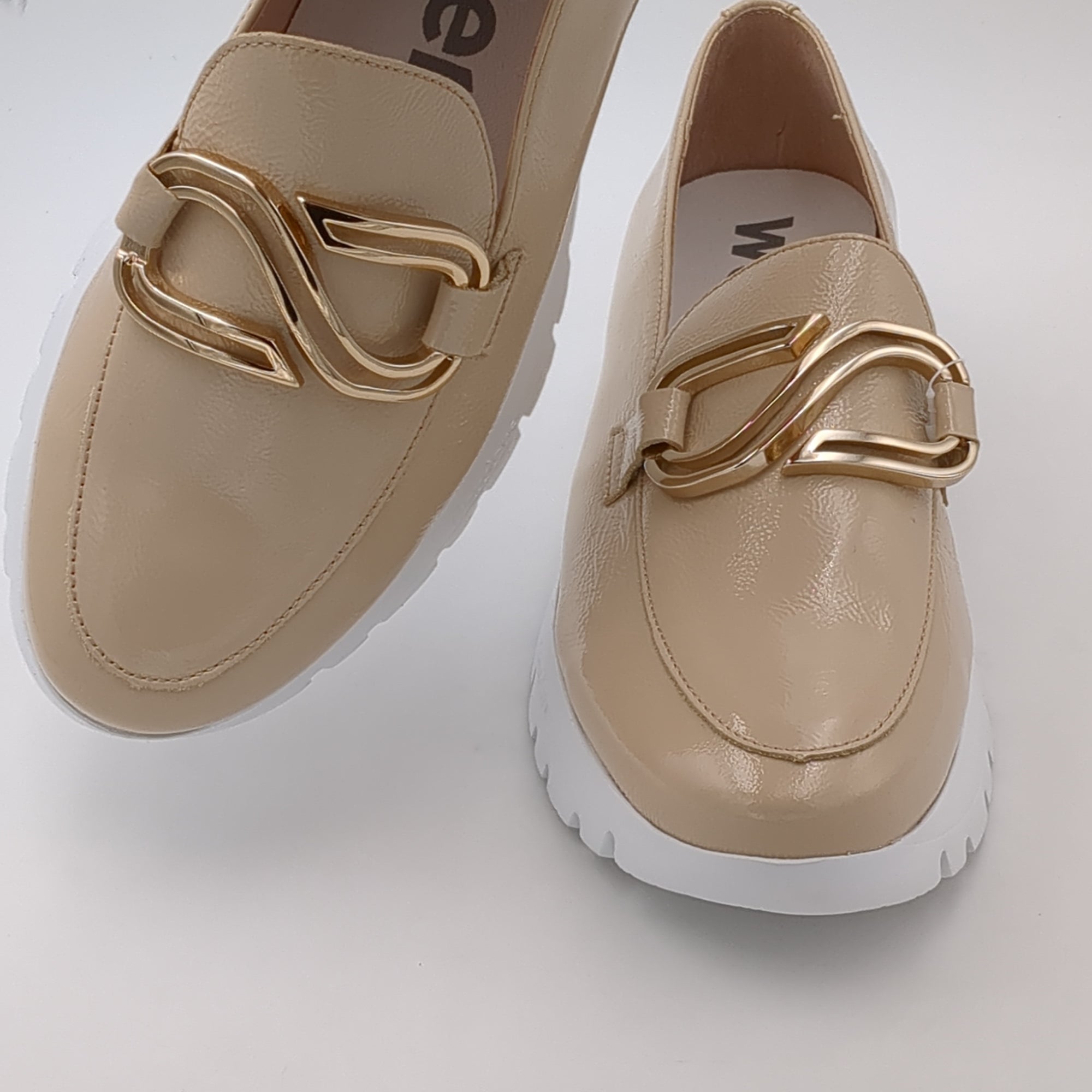 Wonders Neutral Beige Patent Leather Loafers - Lightweight Comfort with Gold Chain Detail