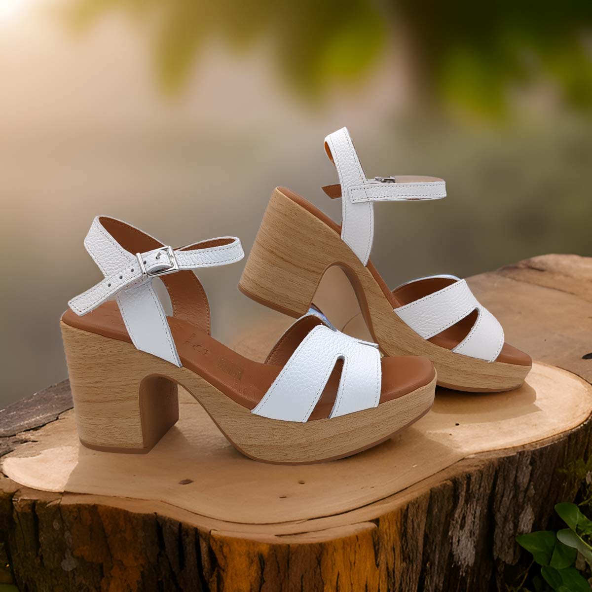 Oh My Sandals 5390 | Block Heel Platform Sandals in White with Buckle