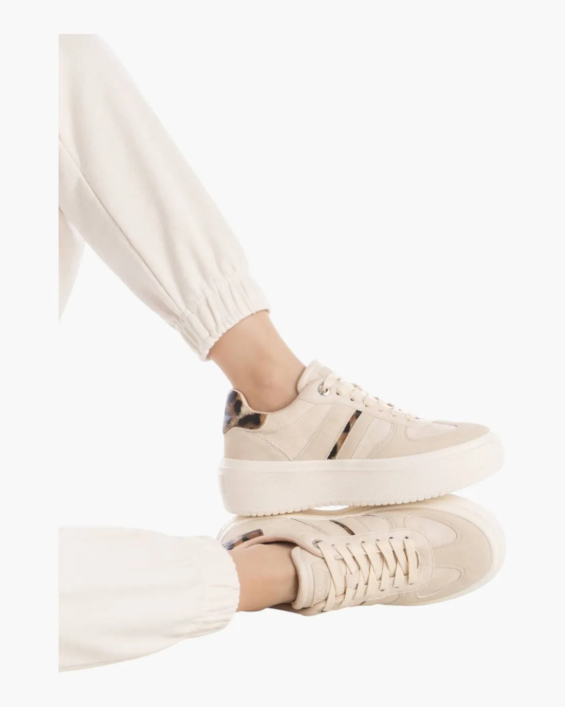 Refresh Beige Vegan Platform Trainers with Leopard Trim
