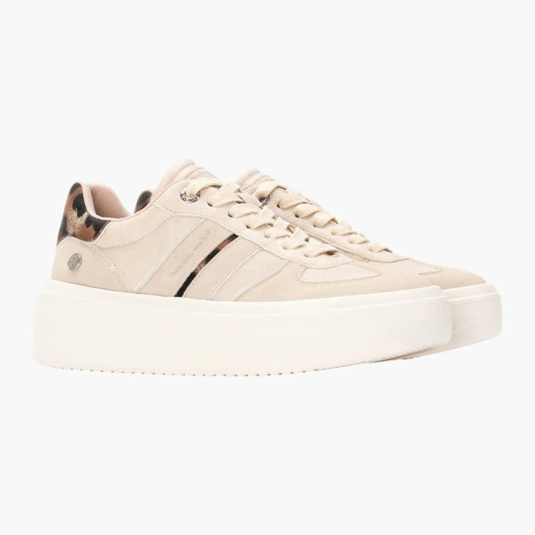 Refresh Beige Vegan Platform Trainers with Leopard Trim