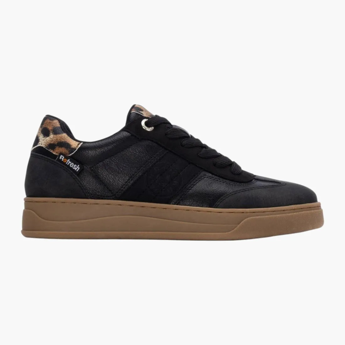 Refresh Black Vegan Trainer with Leopard Detail & Gum Sole