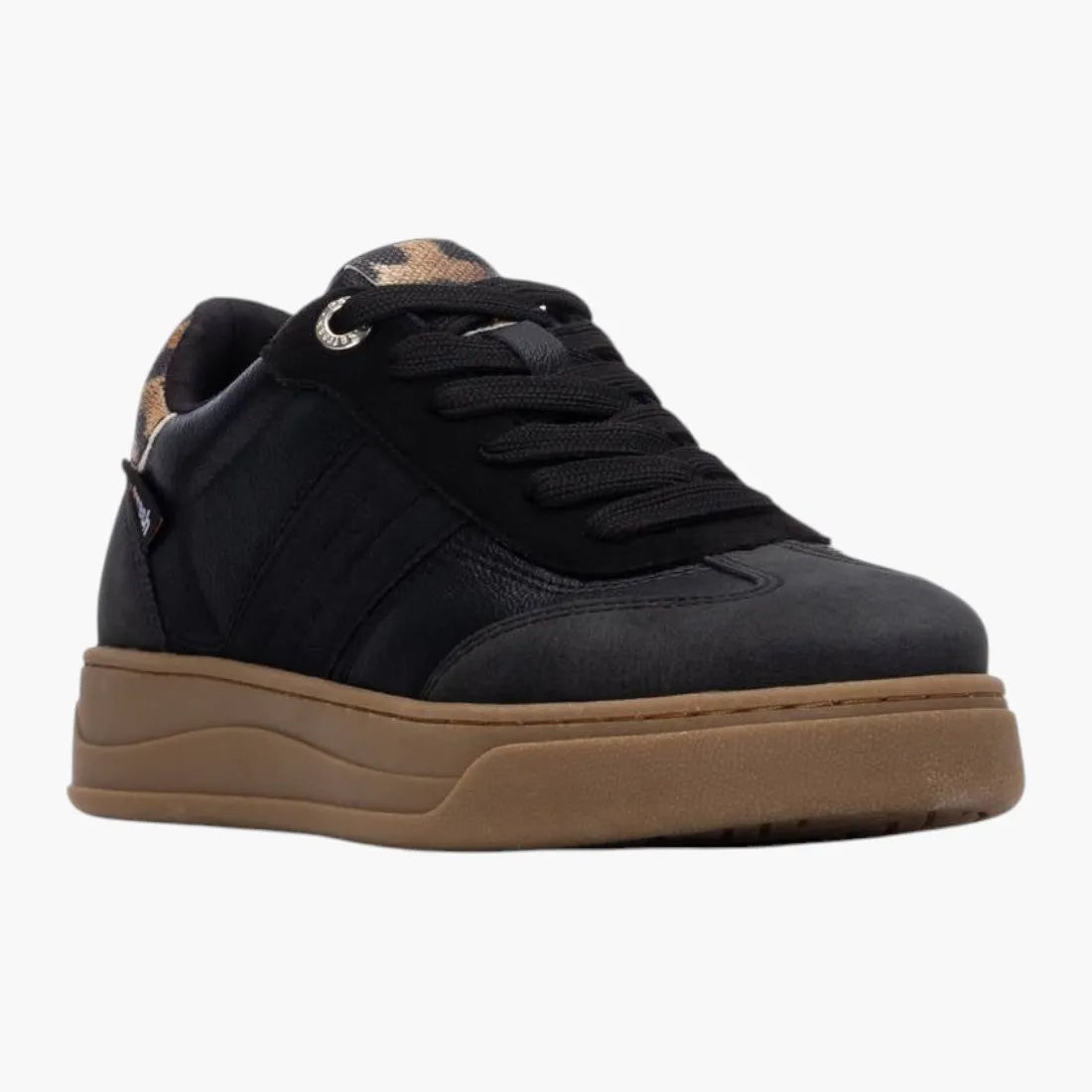 Refresh Black Vegan Trainer with Leopard Detail & Gum Sole