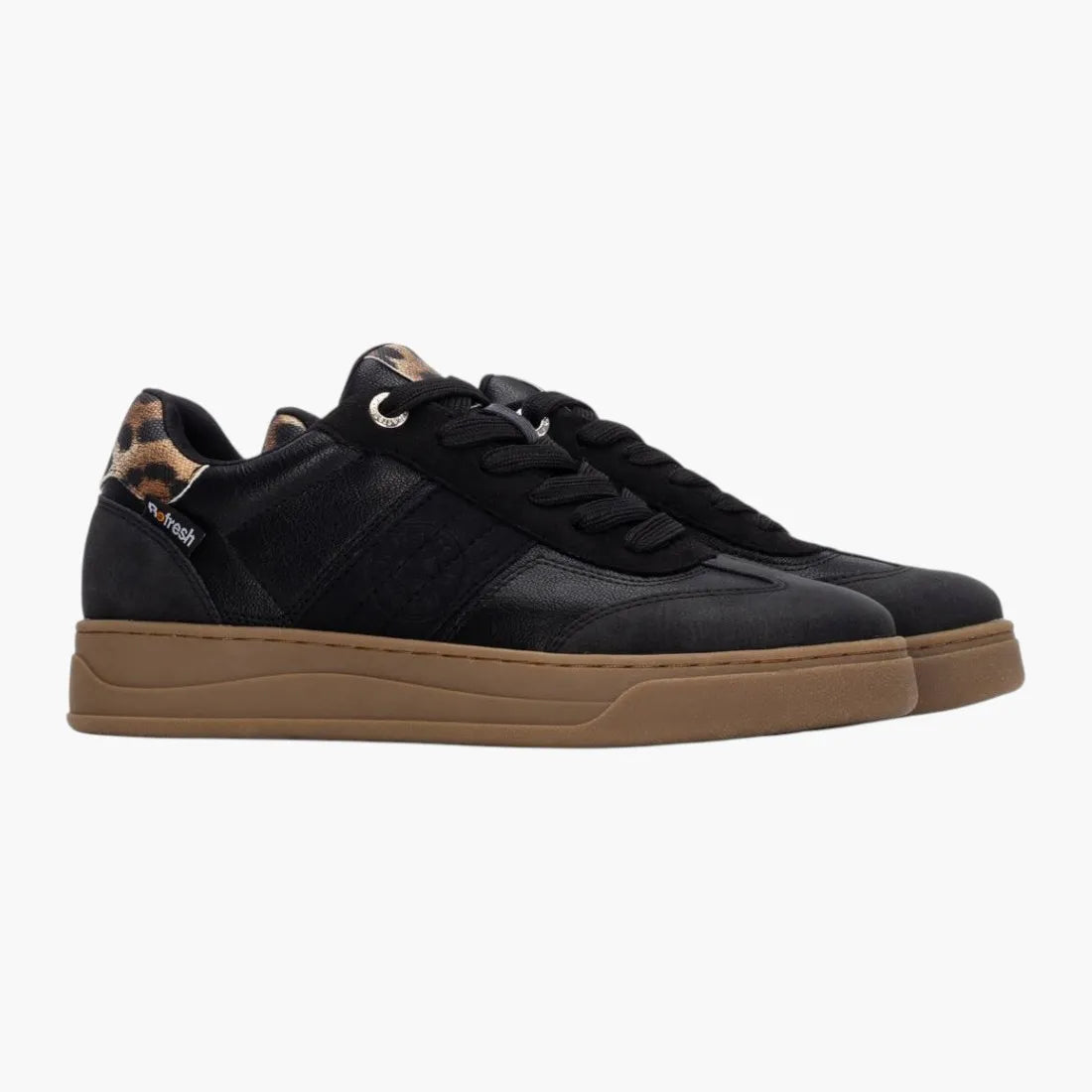 Refresh Black Vegan Trainer with Leopard Detail & Gum Sole