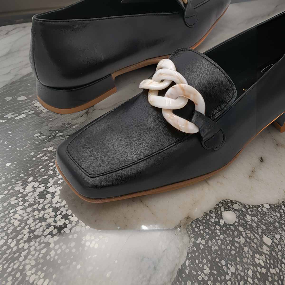 Jose Saenz Black Loafers - Soft Comfort with Marble Chain