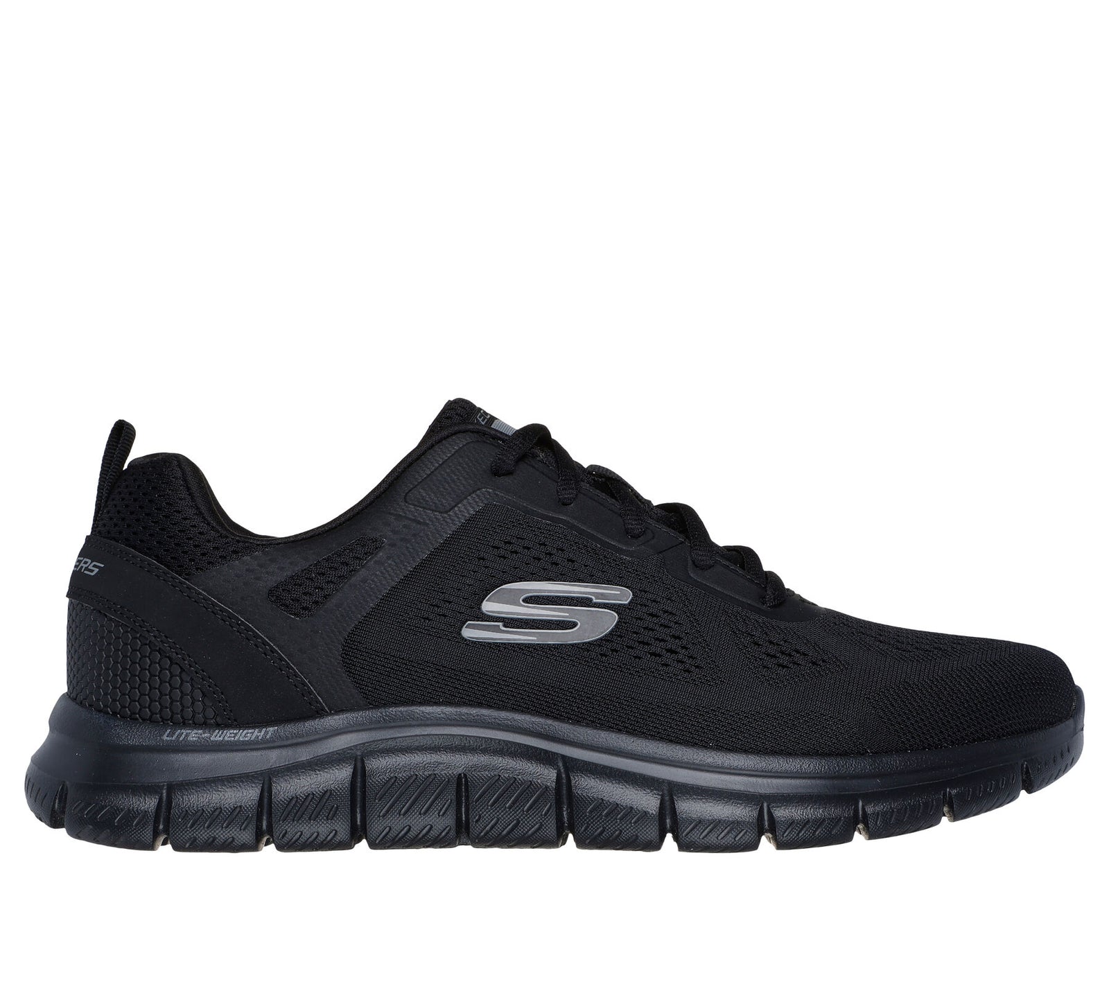     All-black Skechers Track - Broader training shoes with Memory Foam.
