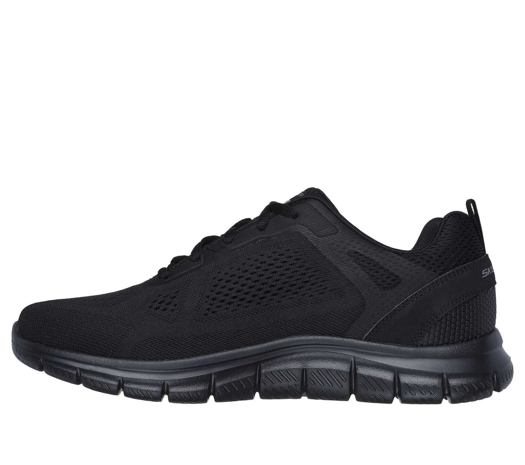 Detailed view of the all-black Skechers logo on the vegan trainer.