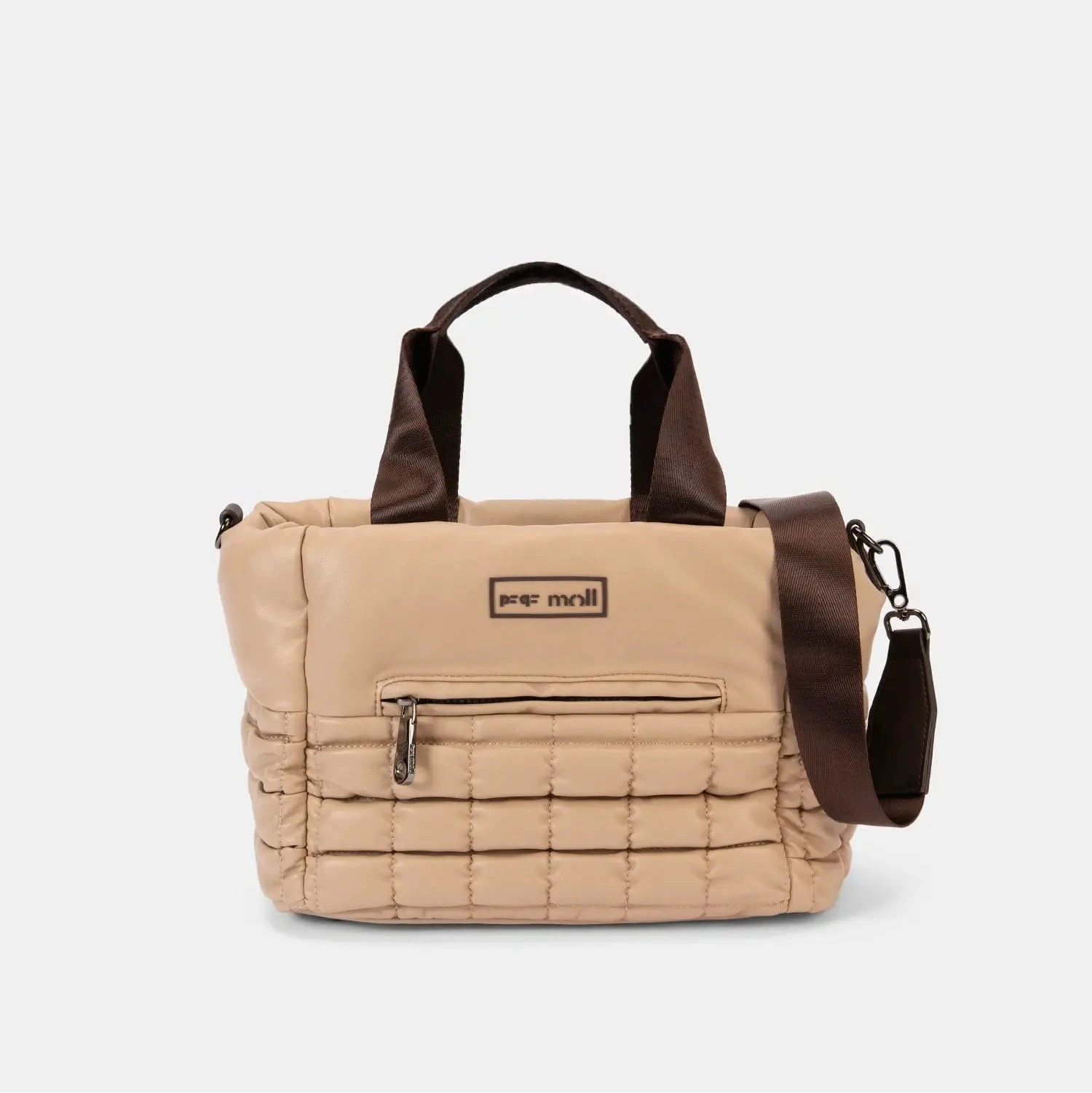 Beige quilted bag with brown straps on a light gray background