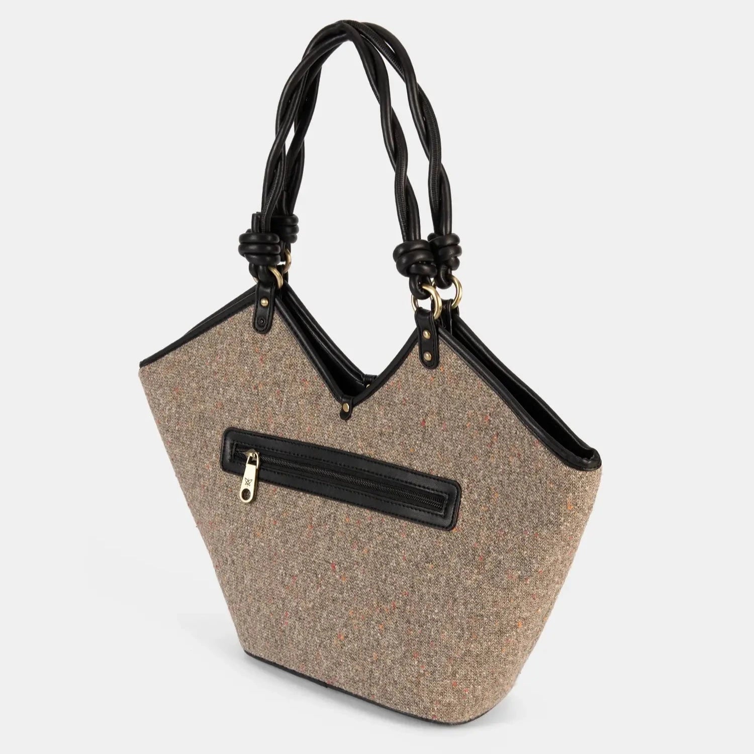 Beige handbag with black accents on a light gray background