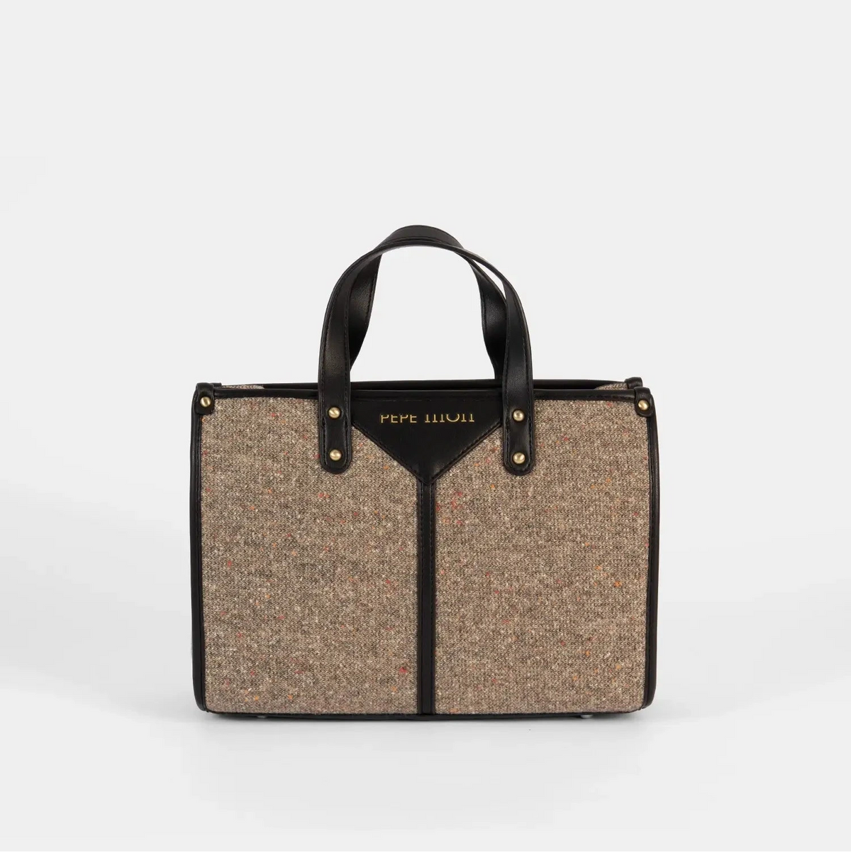 Handbag with black handle and contrasting fabric on a white background