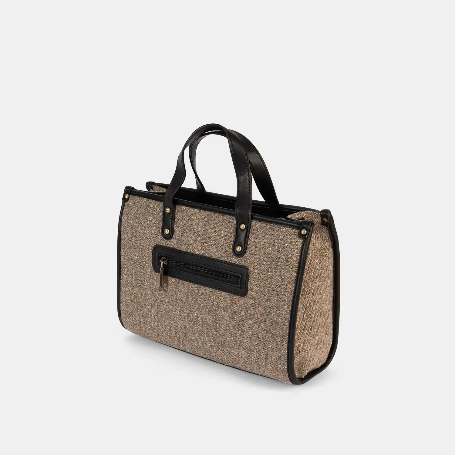 Beige handbag with black accents on a light gray background