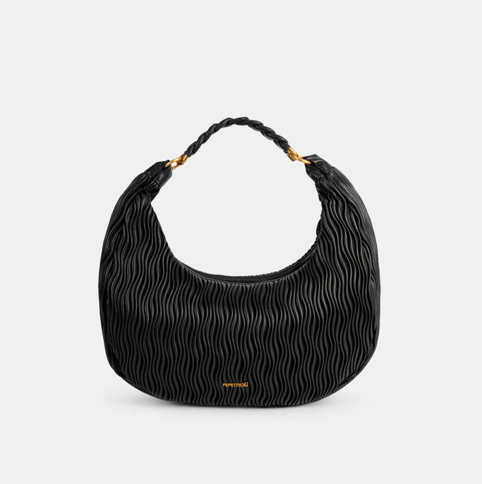 Black textured handbag with braided handle on a light gray background