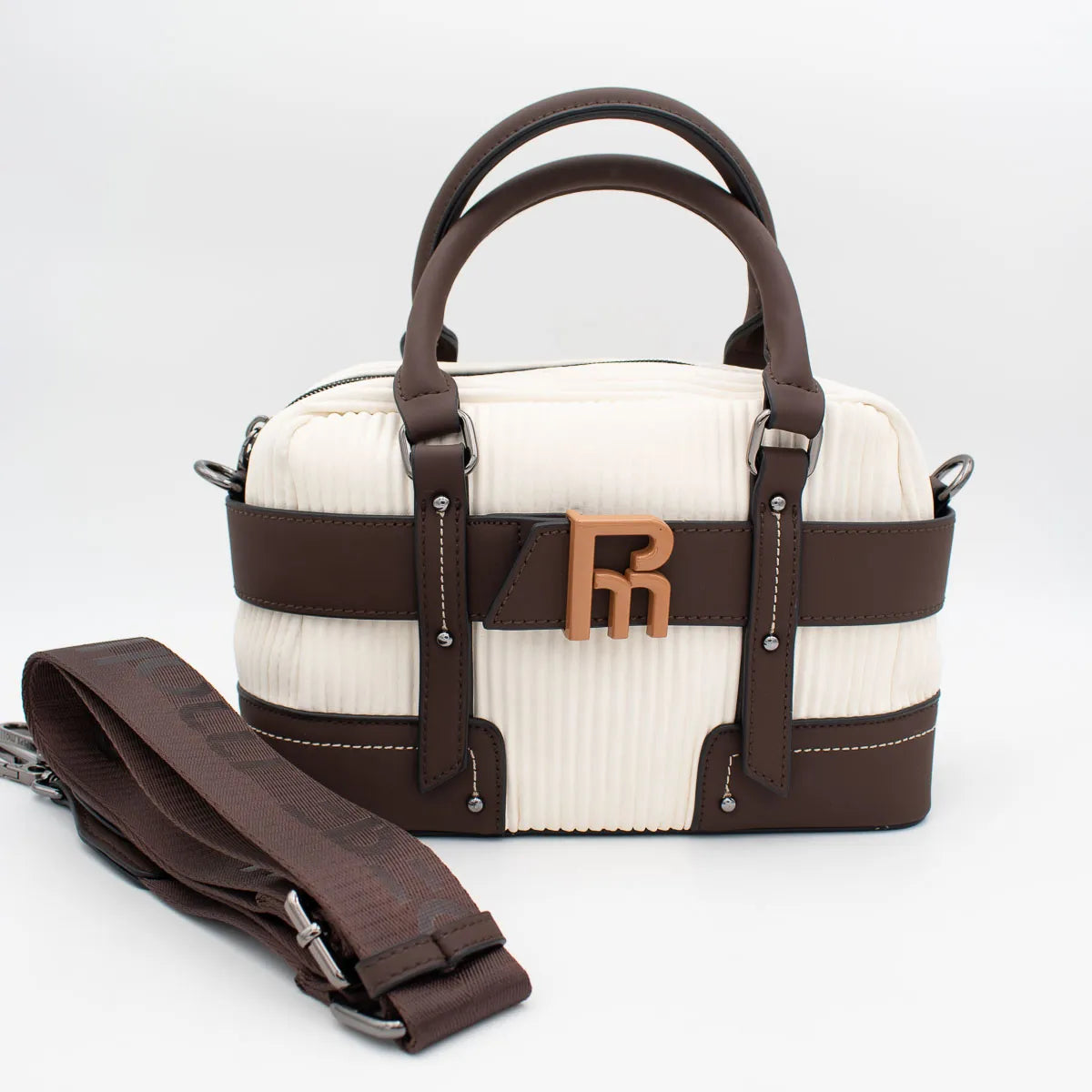 White handbag with brown accents and a visible logo on a white background