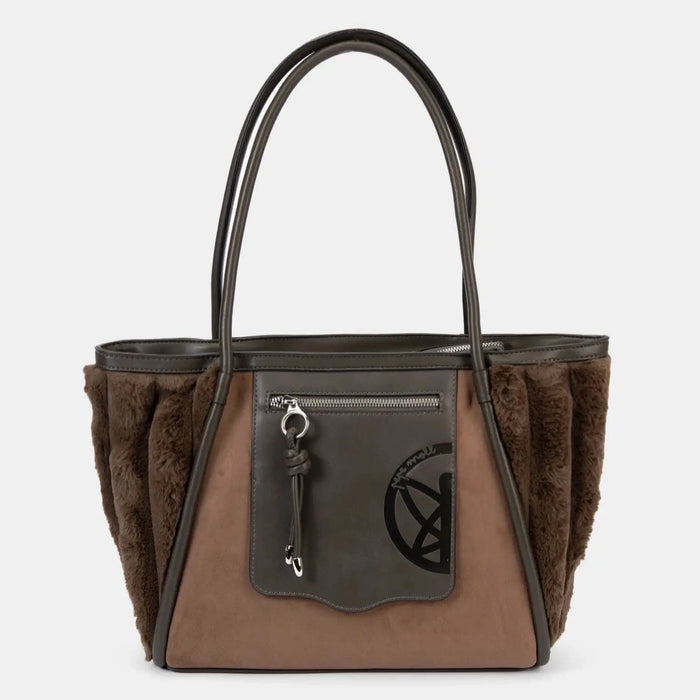 Brown and black handbag with fur-like texture on a white background