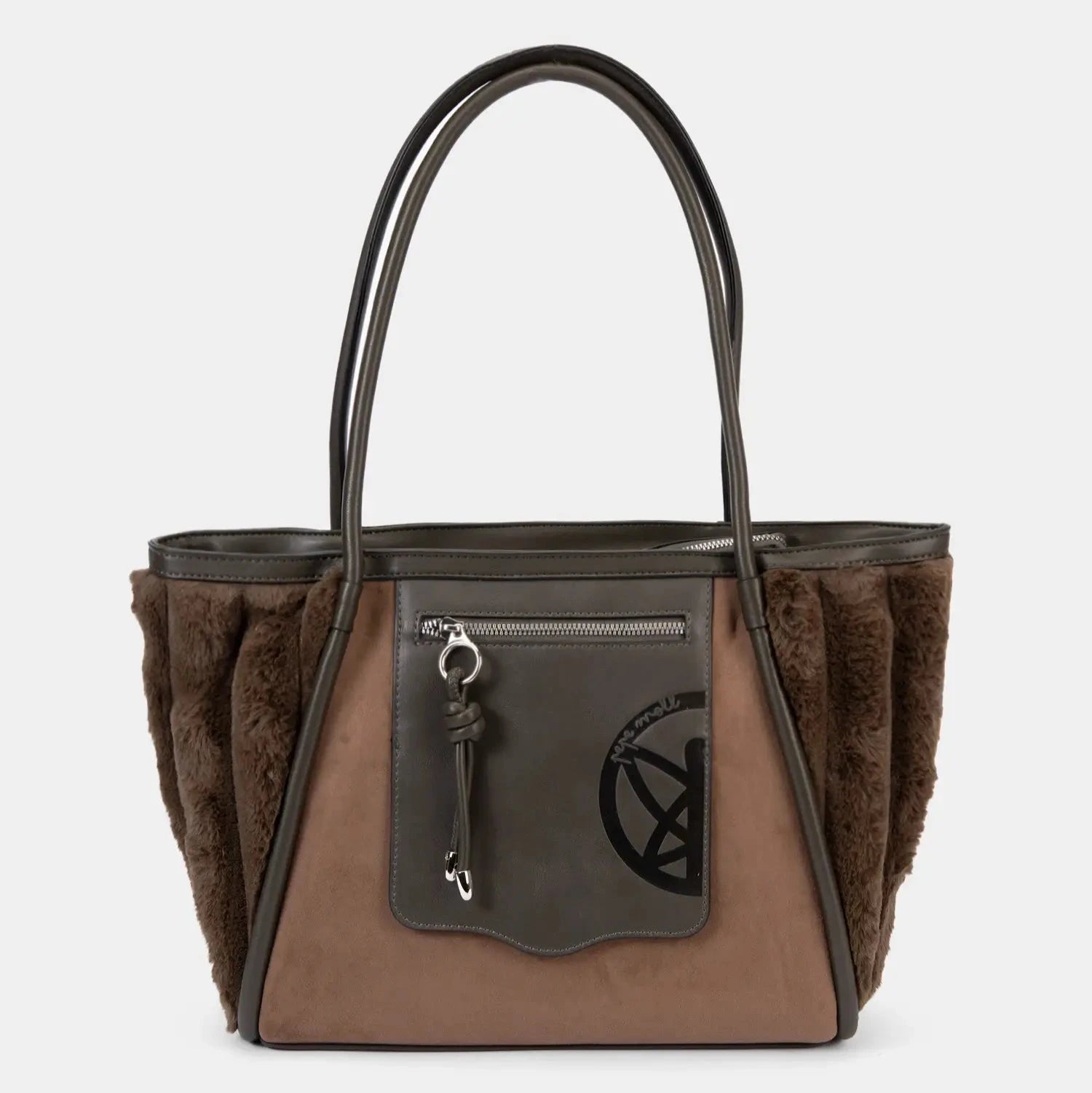 Brown and black handbag with fur-like texture on a white background
