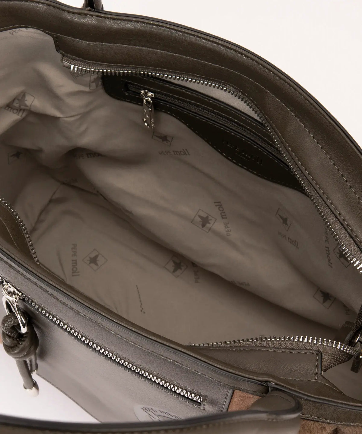 Gray handbag with visible brand logo on a white background