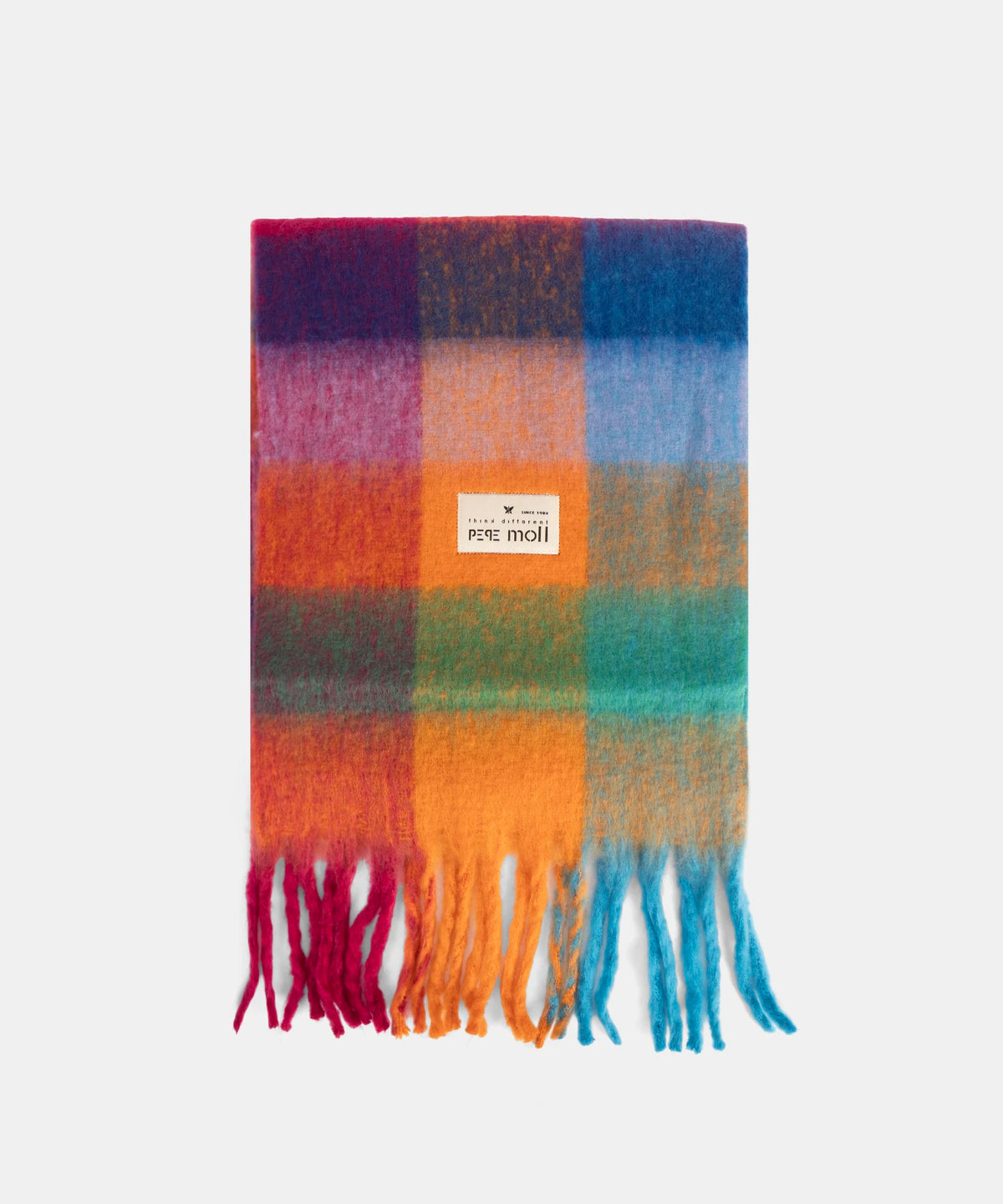 Multicolored checkered scarf with fringes on a white background