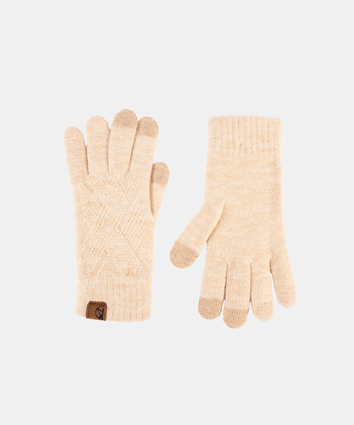 Pair of beige gloves on a light gray background