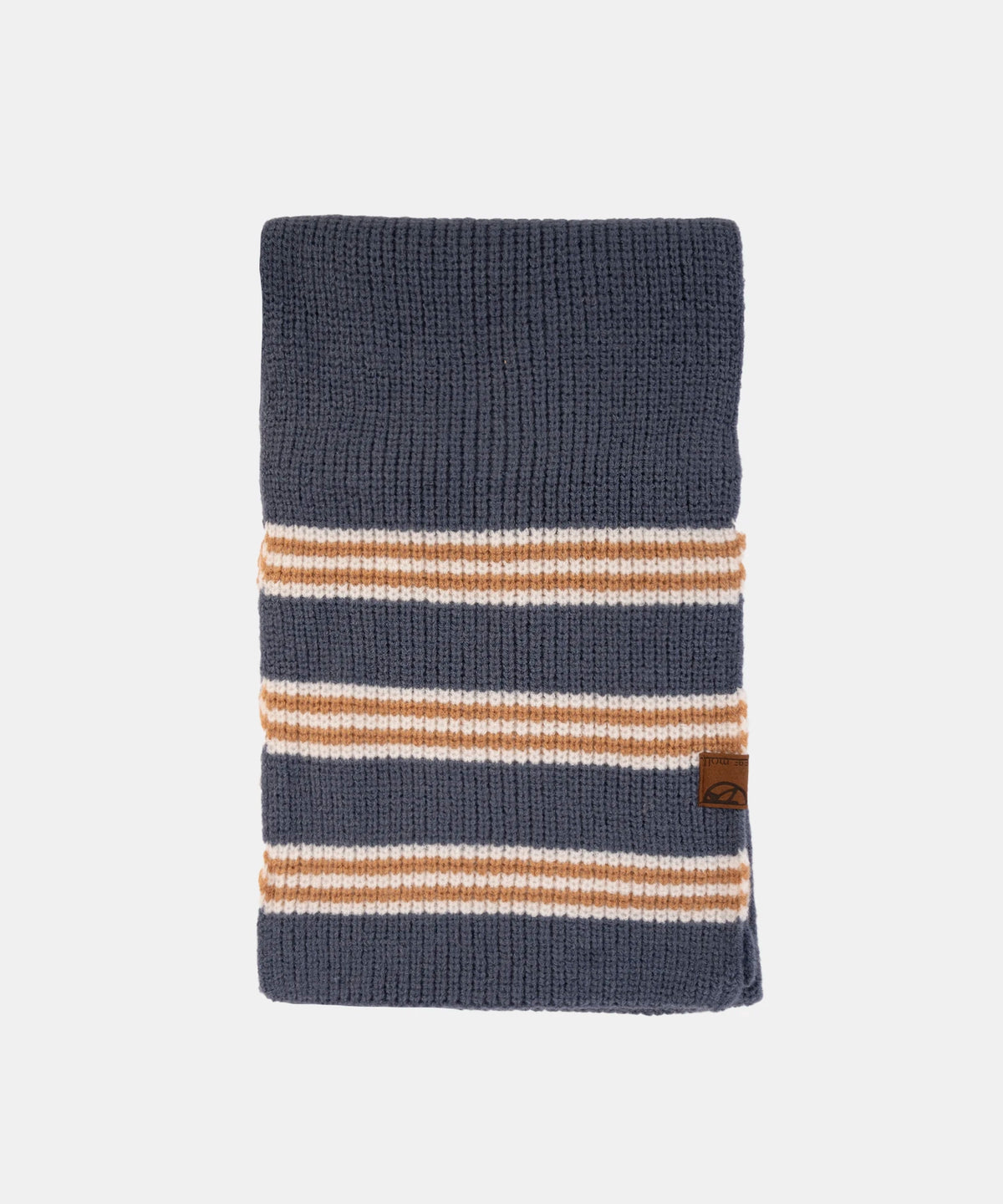 Folded blue knitted scarf with beige and white stripes on a light gray background