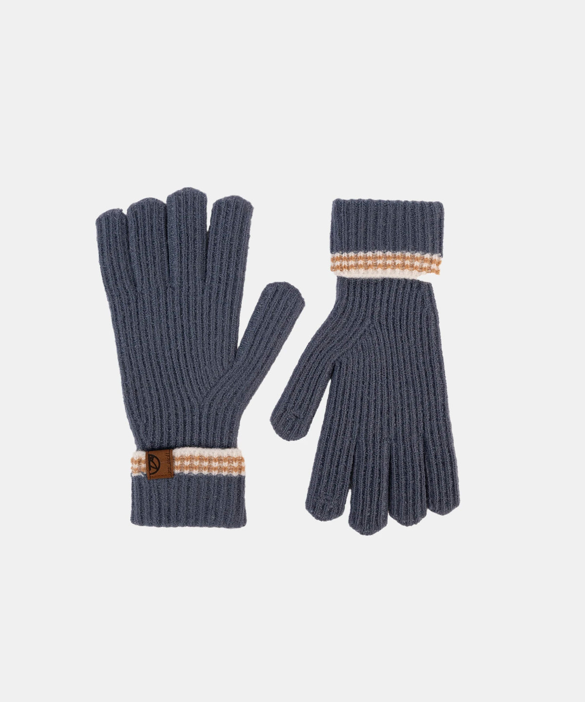 Pair of gray gloves with brown accents on a light gray background