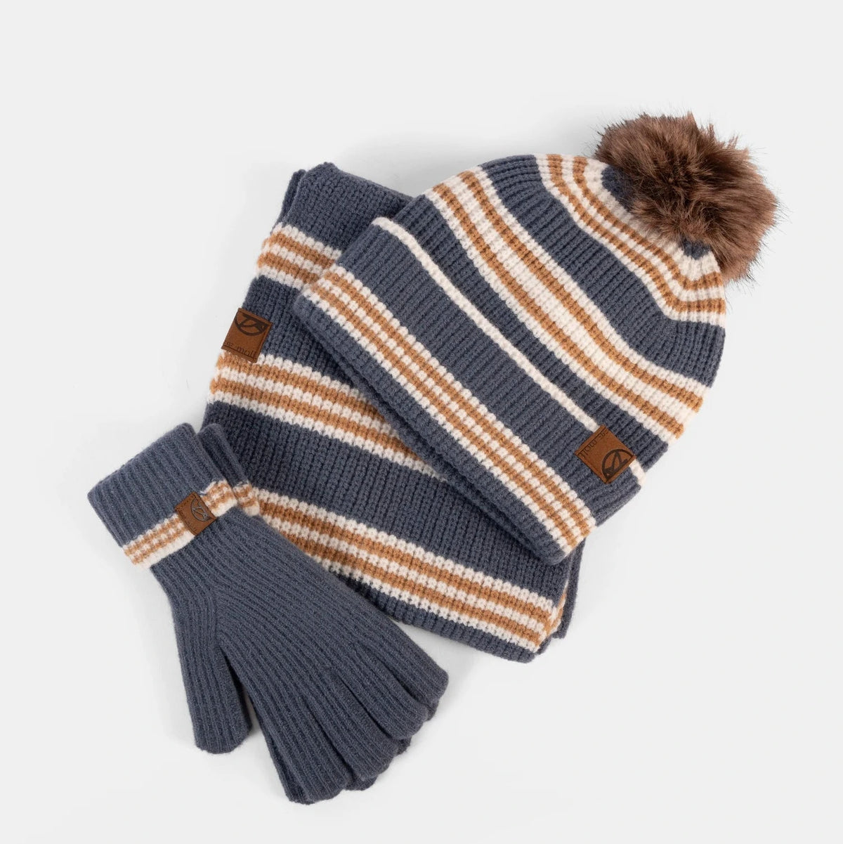 Knitted hat, scarf, and gloves set with brown accents on a white background