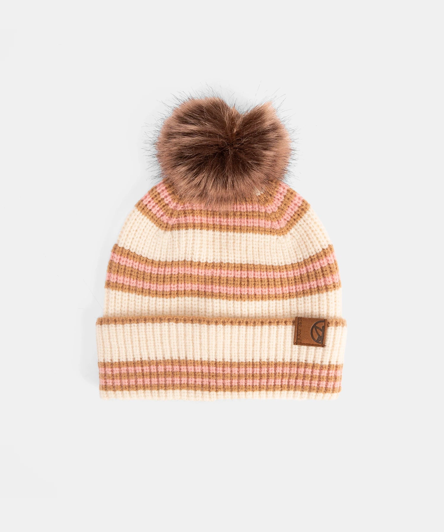 Knitted beanie with plaid pattern and faux fur pom-pom on a white background