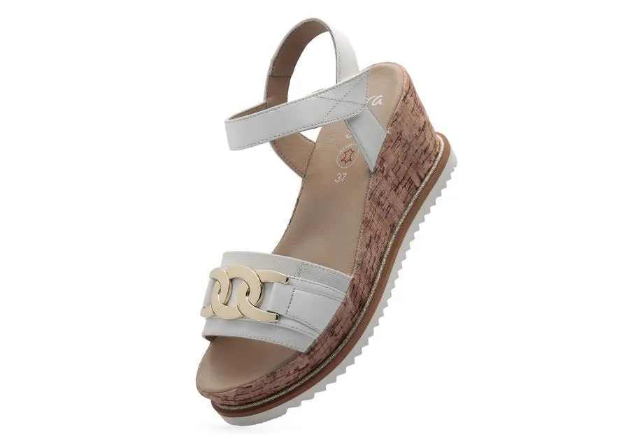 Ara White Wedge Sandals with Gold Details for Women - Leavys Shoes