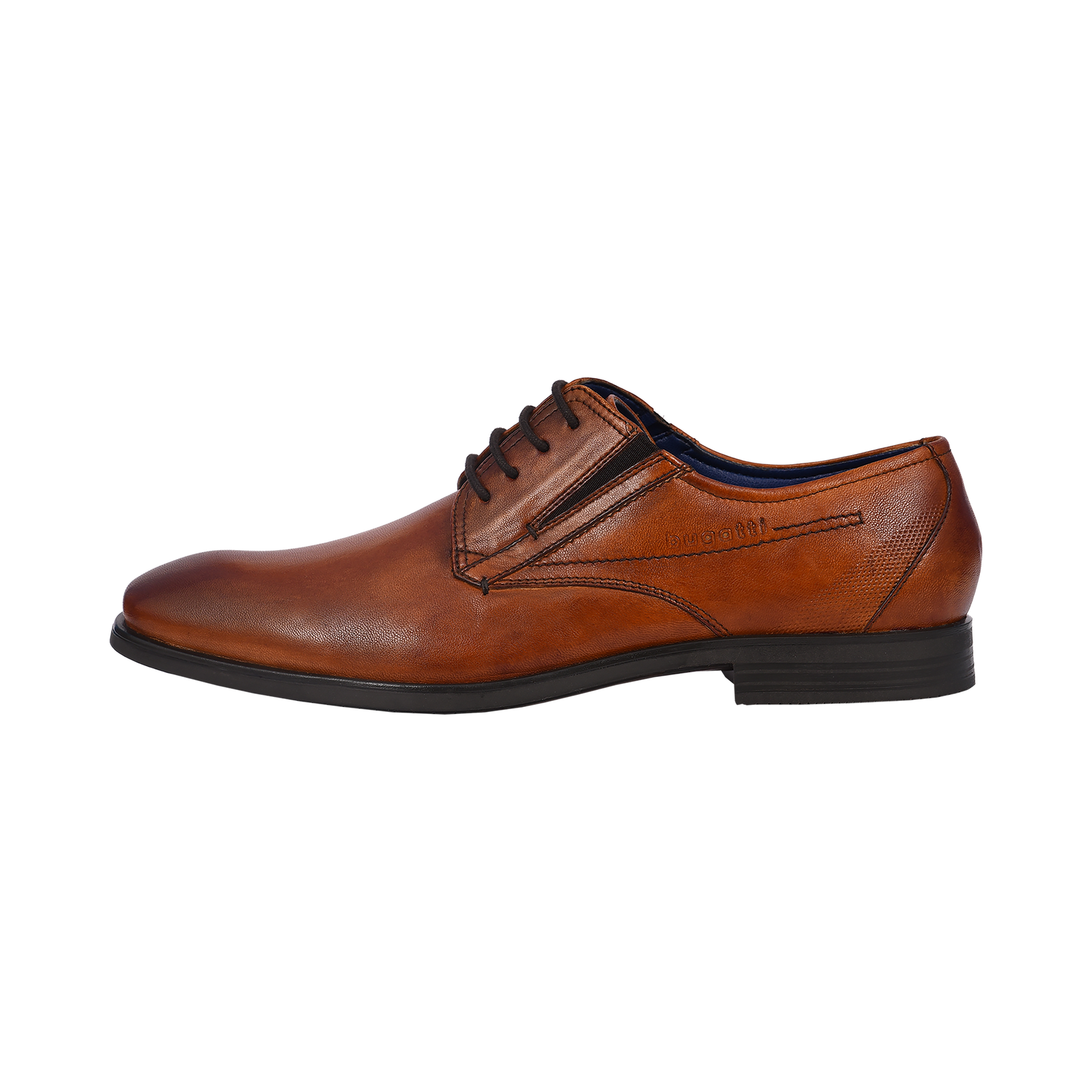     Front view of Bugatti cognac leather business shoes highlighting the spacious toe area.