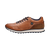     Front view of Bugatti cognac leather runner style sneakers, showing the elastic laces.
