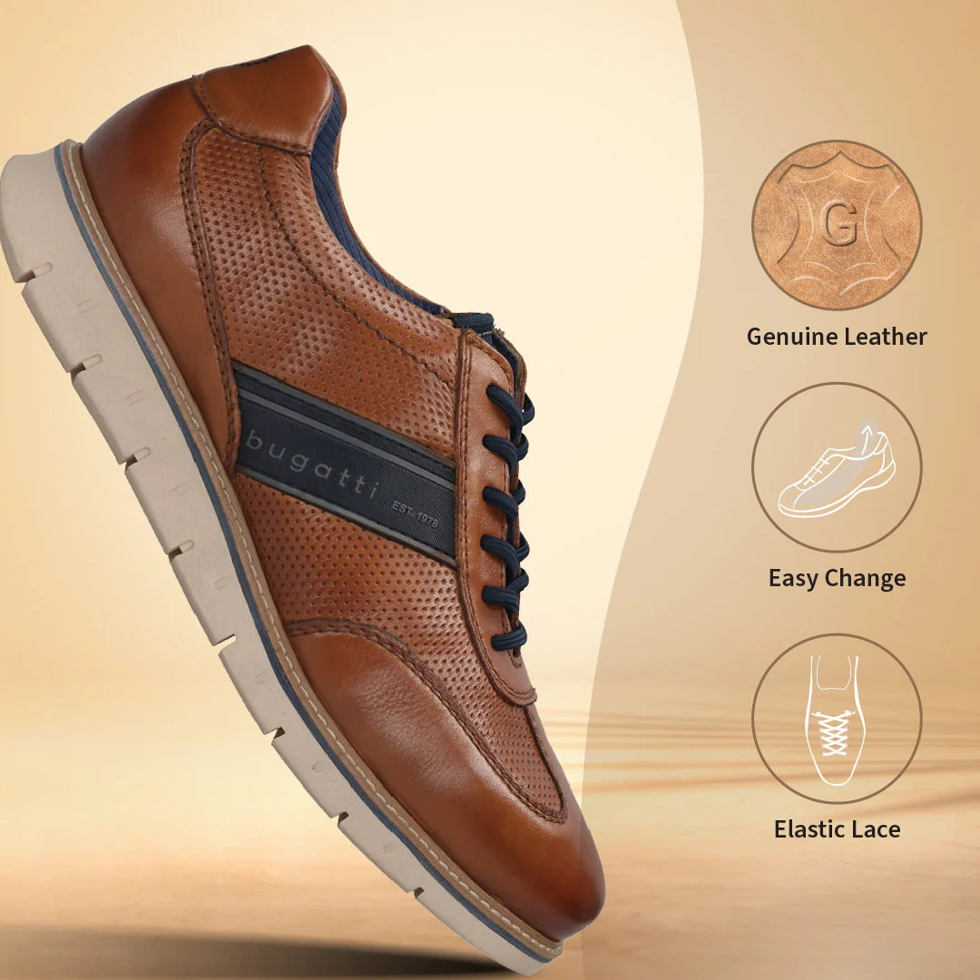 Bugatti Cognac Leather Sneakers with Zip and Perforated Detail