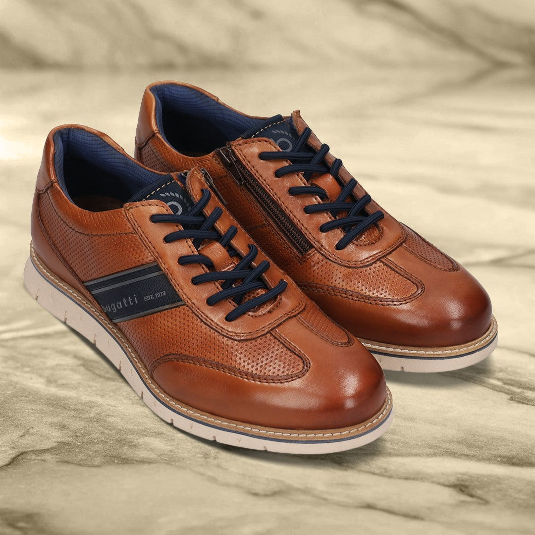 Bugatti Cognac Leather Sneakers with Zip and Perforated Detail