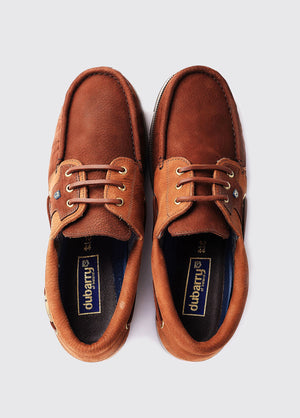 Top view of the pair of Dubarry Clipper Deck - Donkey Brown shoes showing the toe shape and leather laces.