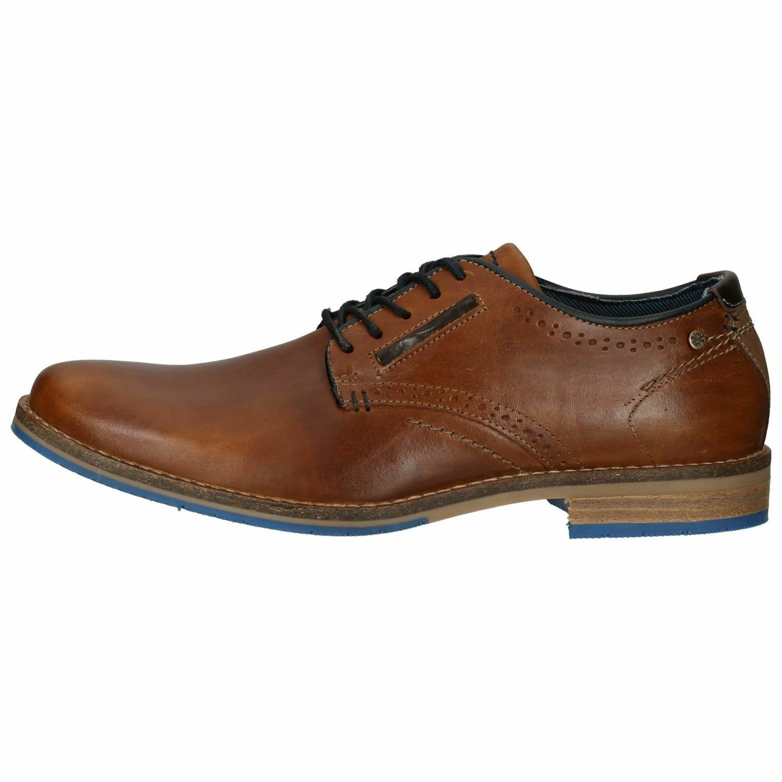     Front view of BullBoxer men's brown leather dress shoes, highlighting the broguing and round toe.