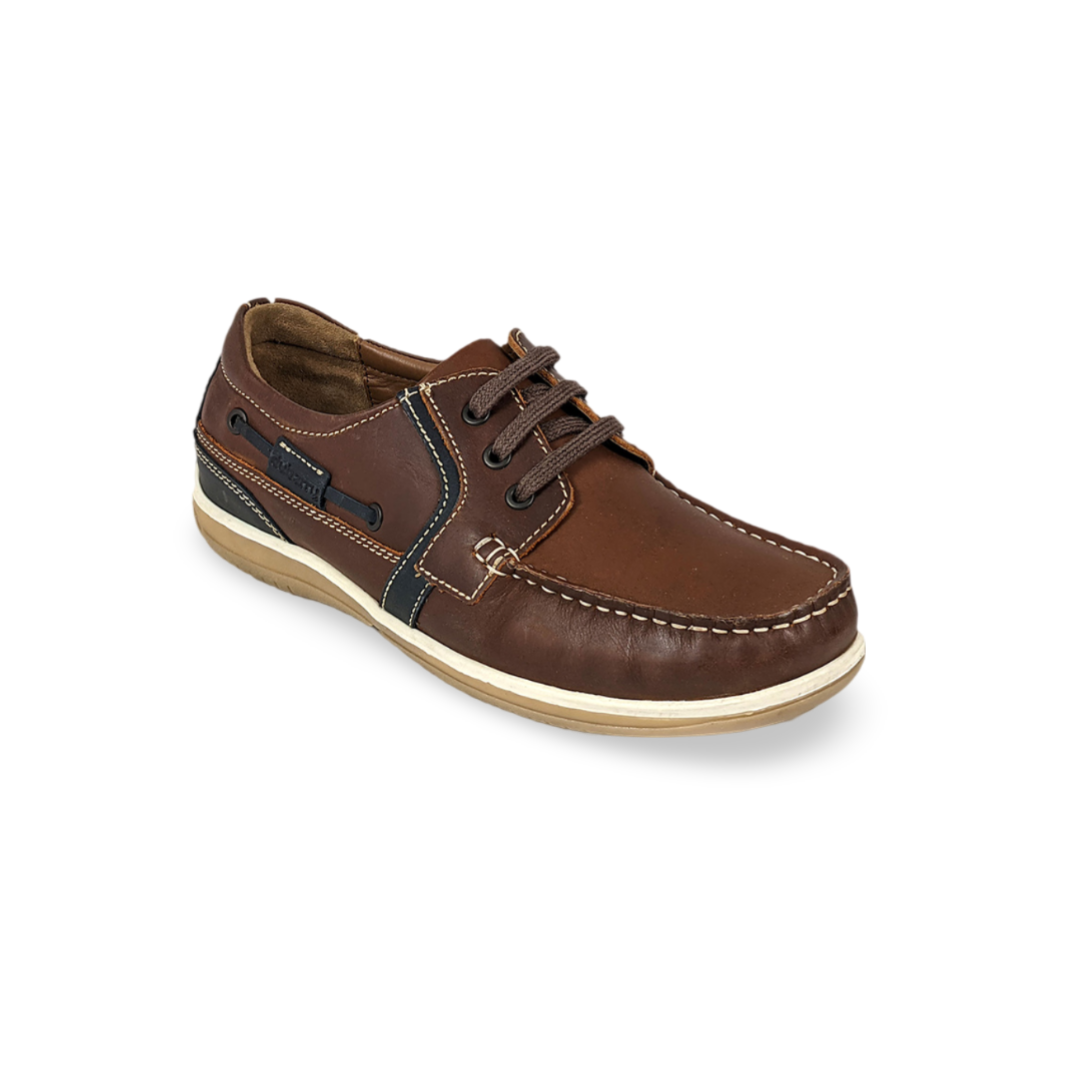  Front view of the Dubarry Sheen men's brown wide-fit lace-up shoes with navy detail.