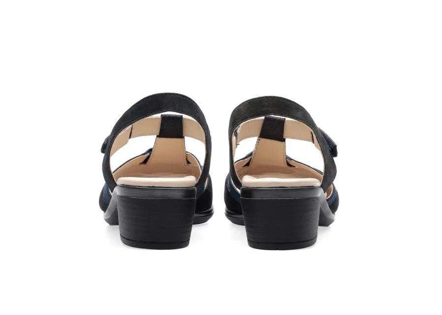 Ara Navy Sandals with Block Heel and Silver Detail - Leavys Shoes