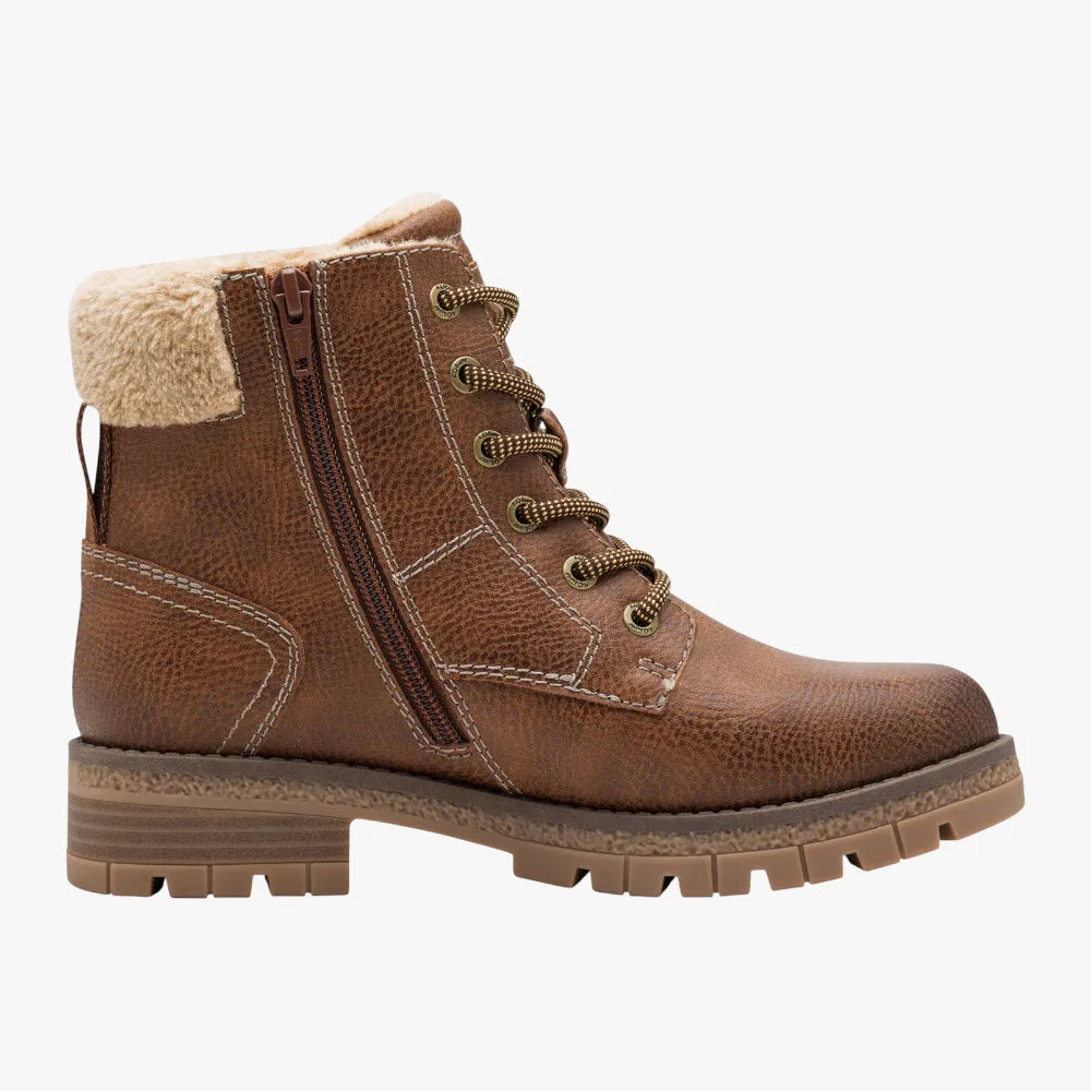s.Oliver Cognac TEX Hiker Boots with Faux-Fur Collar - Leavys Shoes