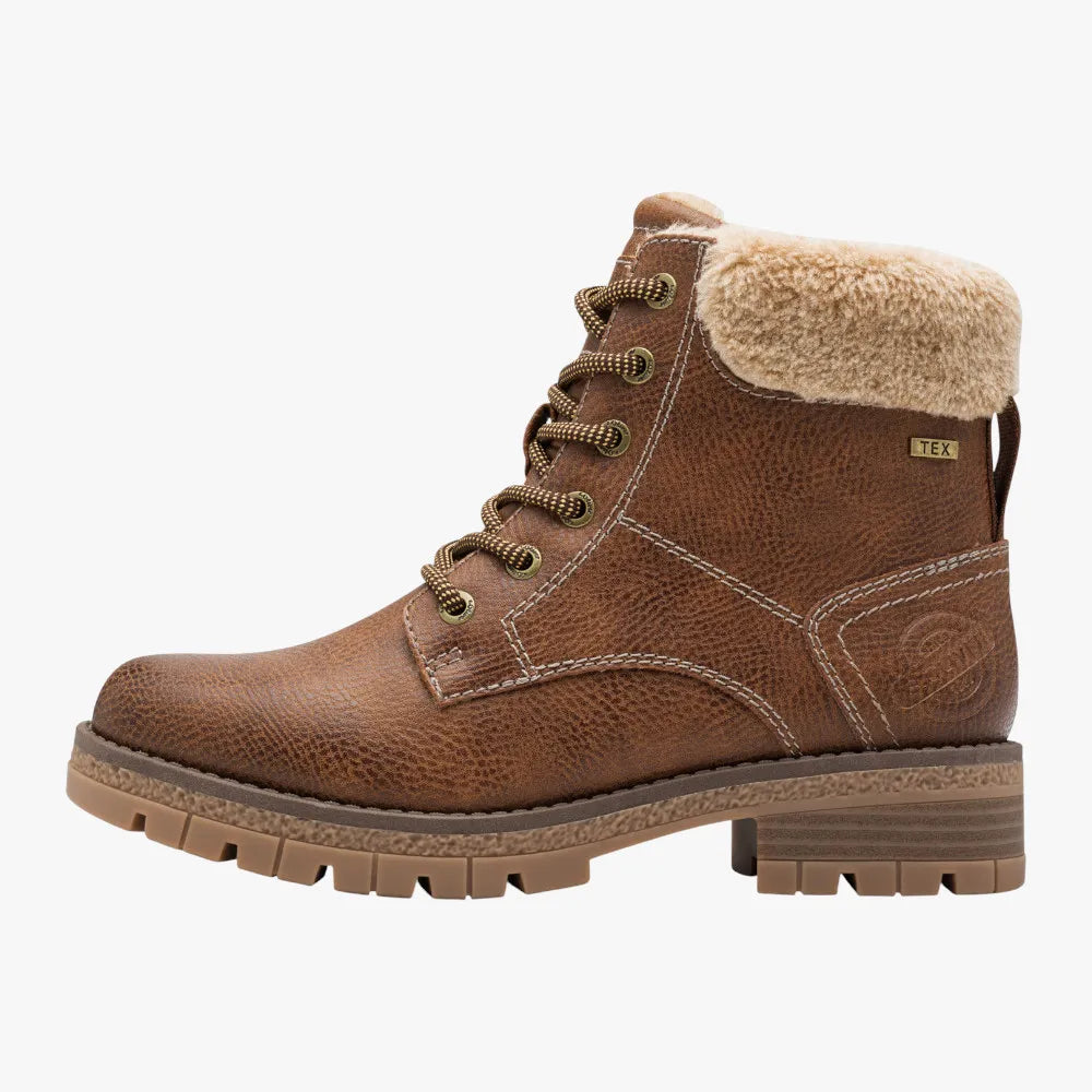 s.Oliver Cognac TEX Hiker Boots with Faux-Fur Collar - Leavys Shoes
