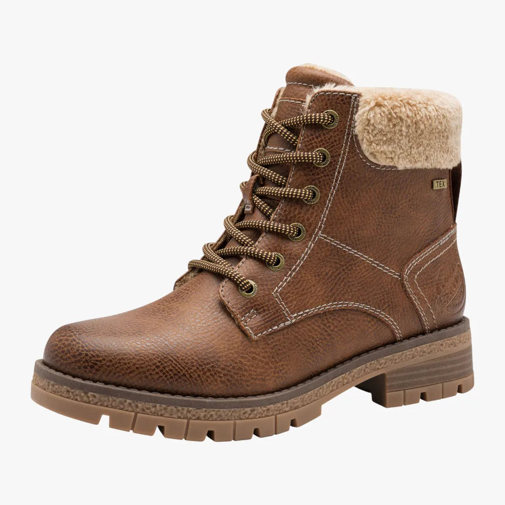 s.Oliver Cognac TEX Hiker Boots with Faux-Fur Collar - Leavys Shoes