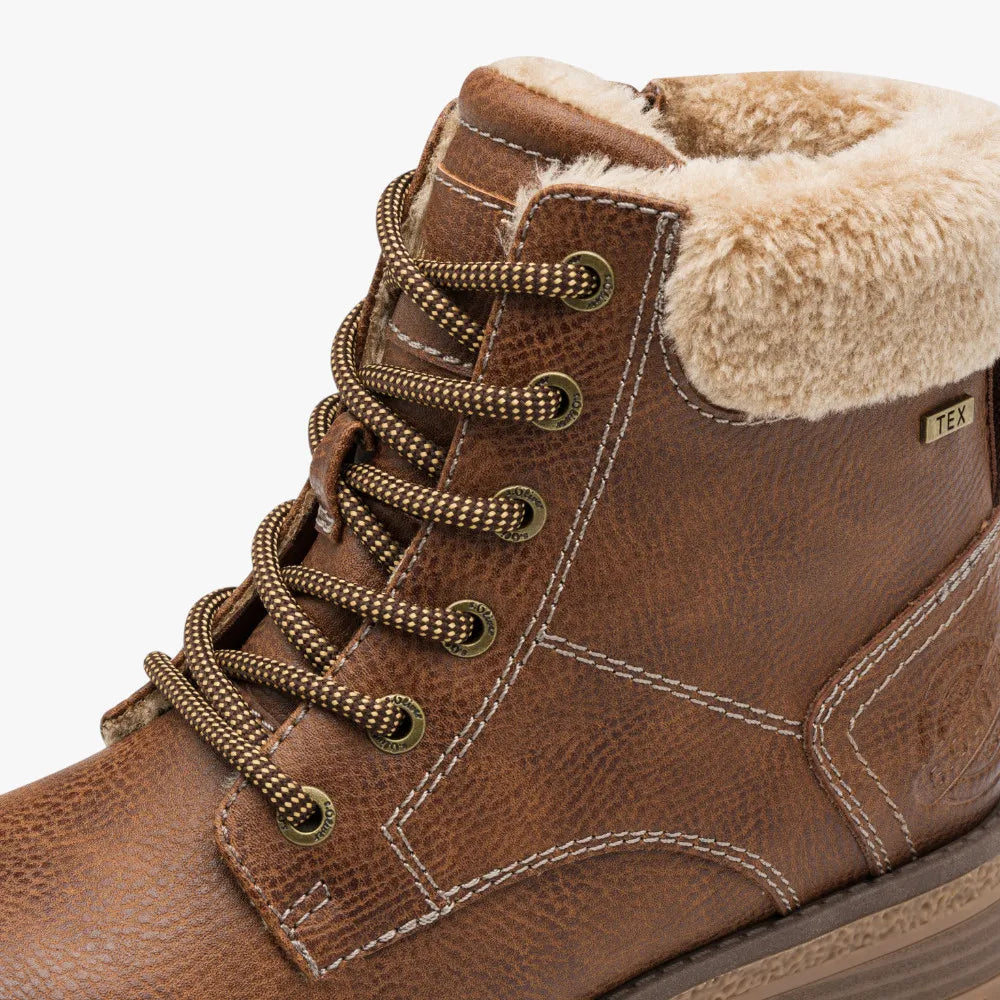 s.Oliver Cognac TEX Hiker Boots with Faux-Fur Collar - Leavys Shoes