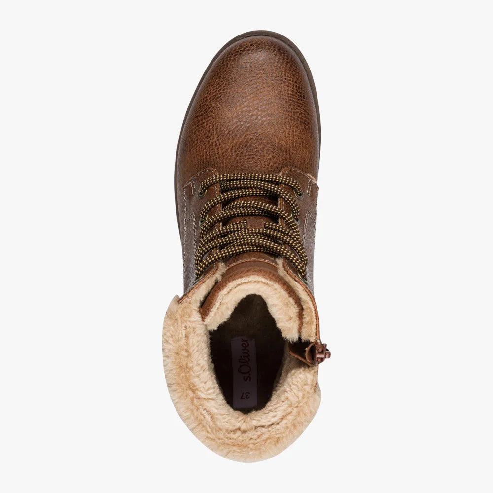 s.Oliver Cognac TEX Hiker Boots with Faux-Fur Collar - Leavys Shoes
