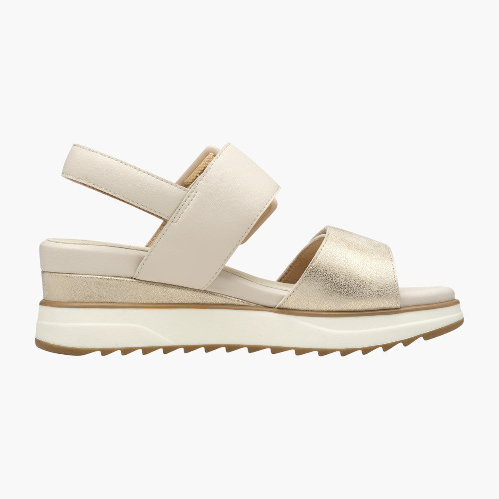 s.Oliver Women’s Velcro Wedge Sandal – Champagne with Buckle Detail