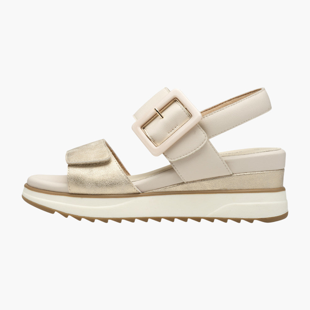 s.Oliver Women’s Velcro Wedge Sandal – Champagne with Buckle Detail