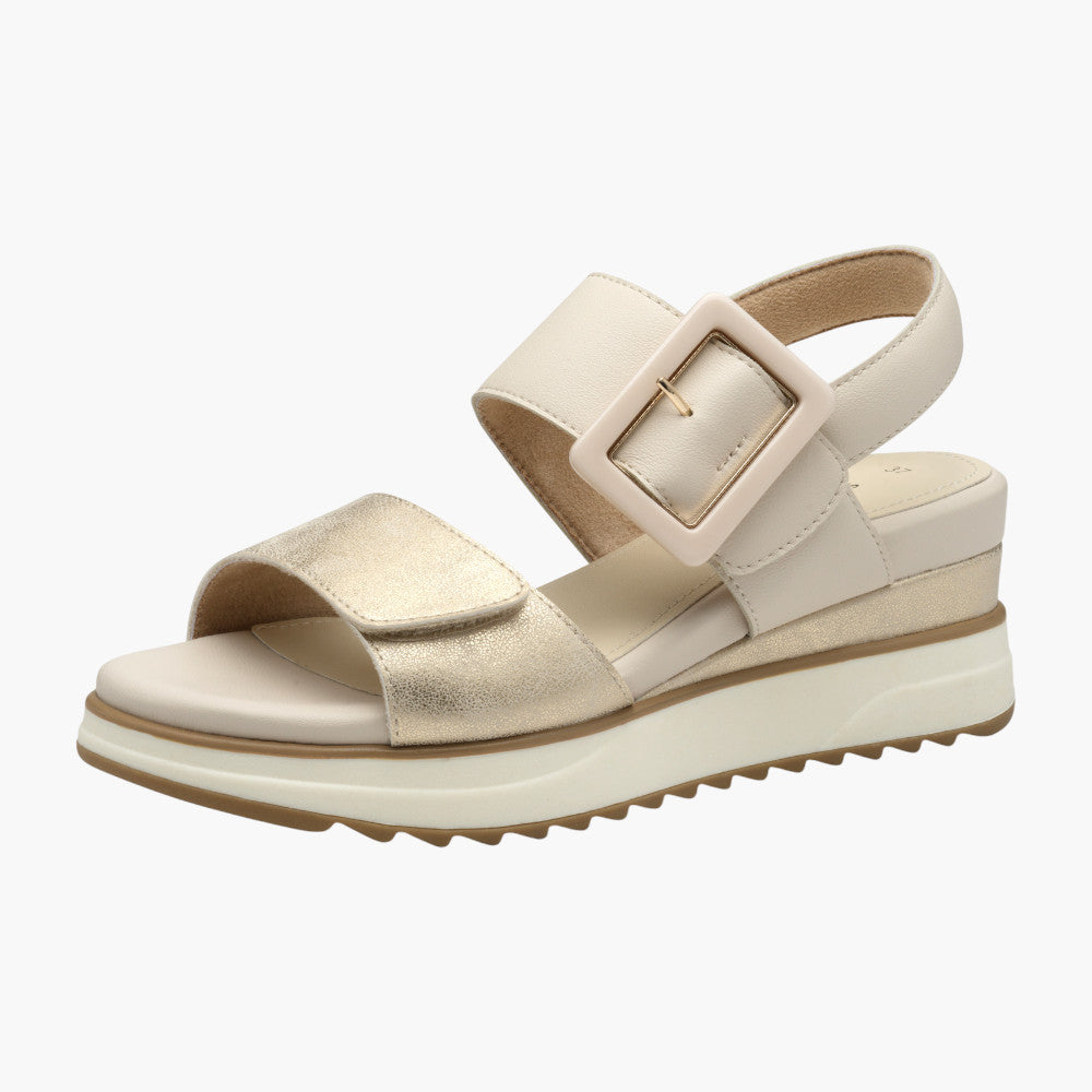 s.Oliver Women’s Velcro Wedge Sandal – Champagne with Buckle Detail