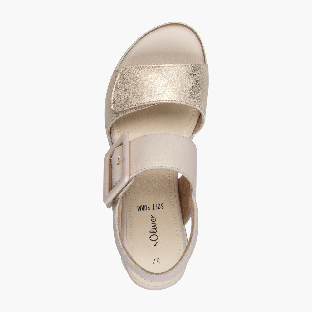 s.Oliver Women’s Velcro Wedge Sandal – Champagne with Buckle Detail
